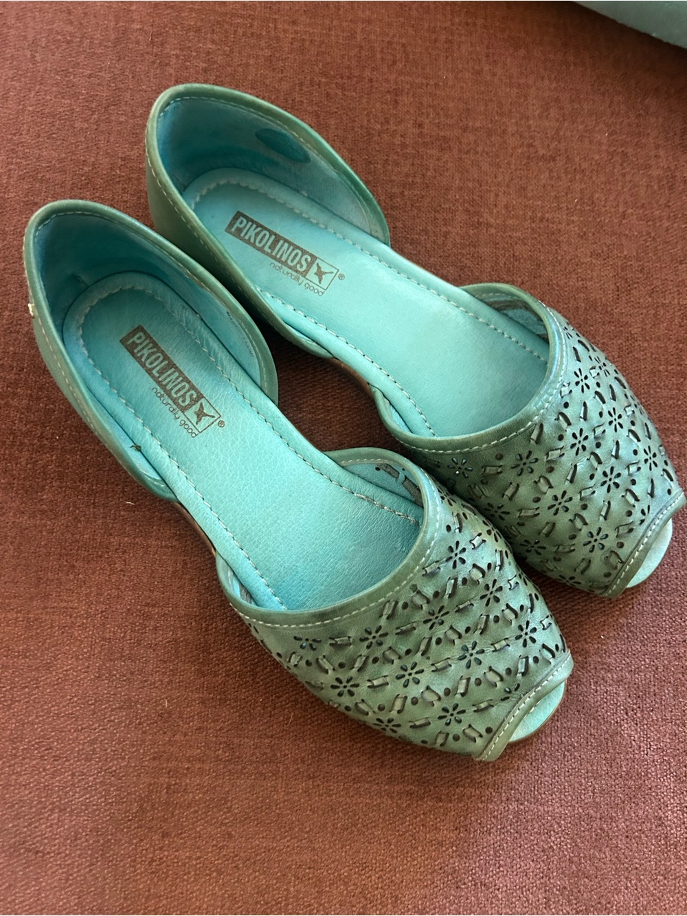 PIKOLINOS Teal Laser-Cut Peep-Toe Flats 40 9 9.5